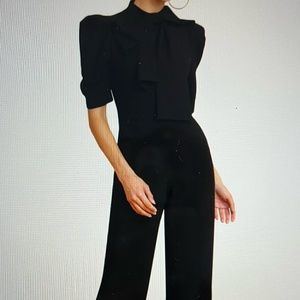 Black Halo Black Puff-Sleeve Jumpsuit with Neck Tie